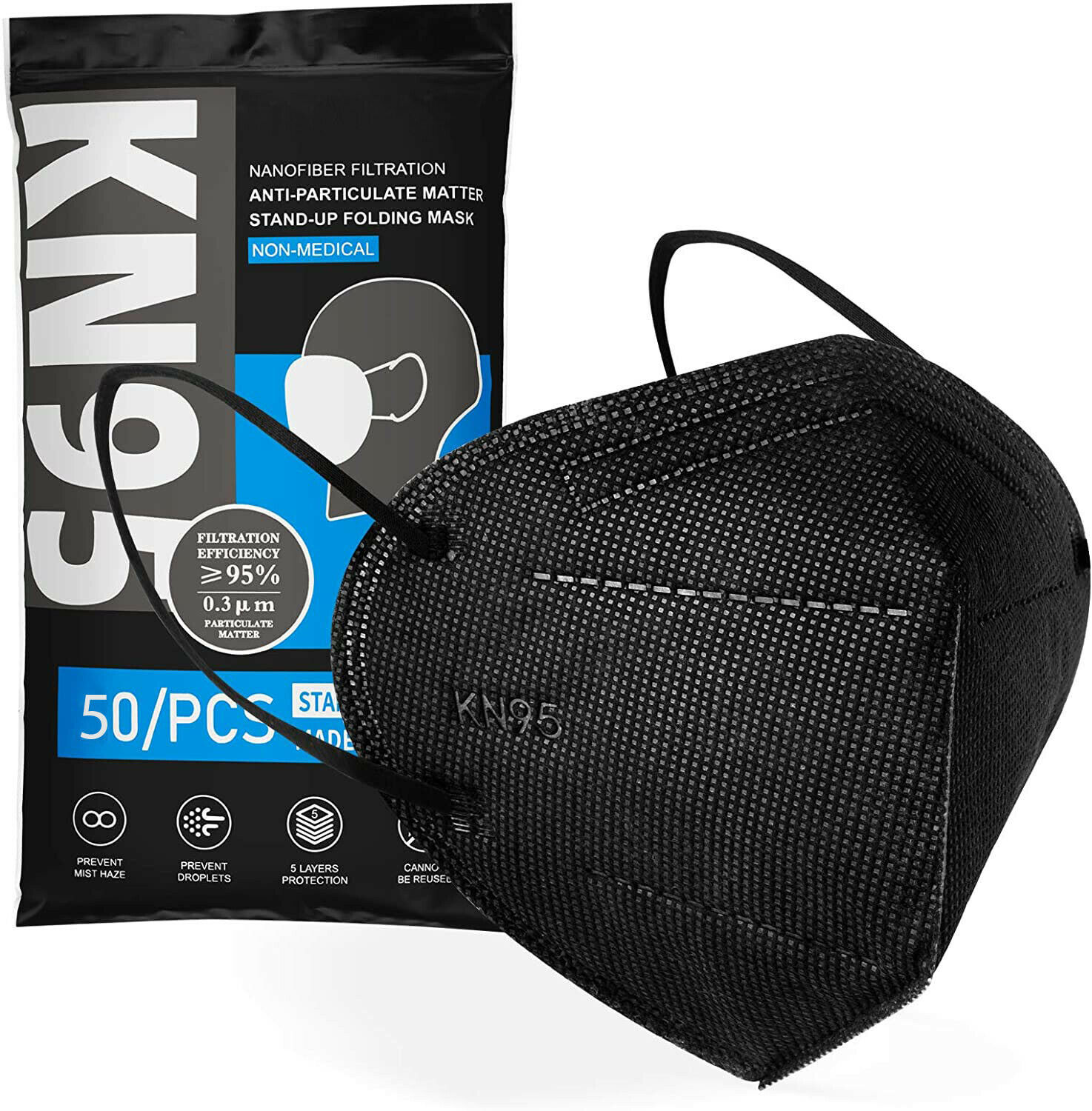 50/100 Pcs Black Kn95 Protective 5 Layer Face Mask Bfe 95% Disposable Respirator