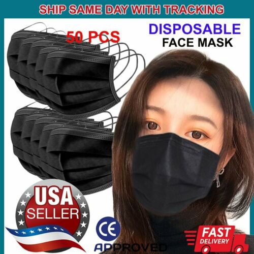 50 Pcs Black Face Mask Non Medical Surgical Disposable 3ply Earloop Mouth Cover