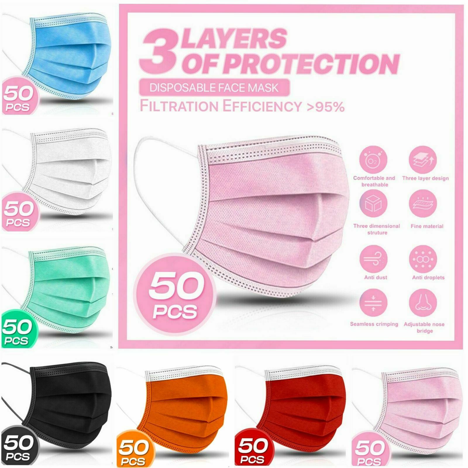 [50-pc]3-ply Layer Disposable Face Mask Dust Filter Safety Pink White Blue Black