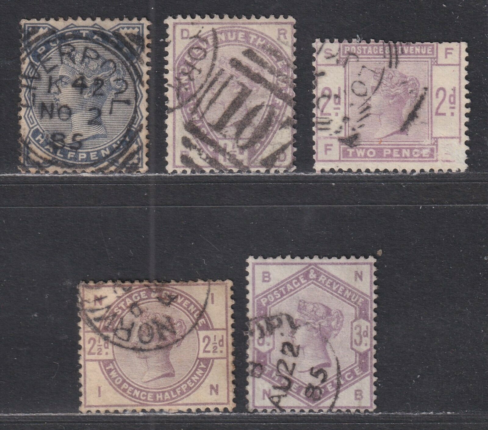 Great Britain Sg 187-191 Scott 98-102 1884 ½d To 3d Victoria Lilacs Cv £255